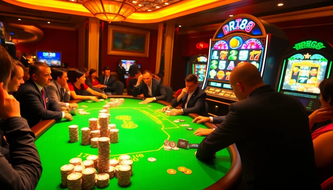 Exciting casino scene with high-stakes gambling at dr88 featuring vibrant poker chips and dealers.