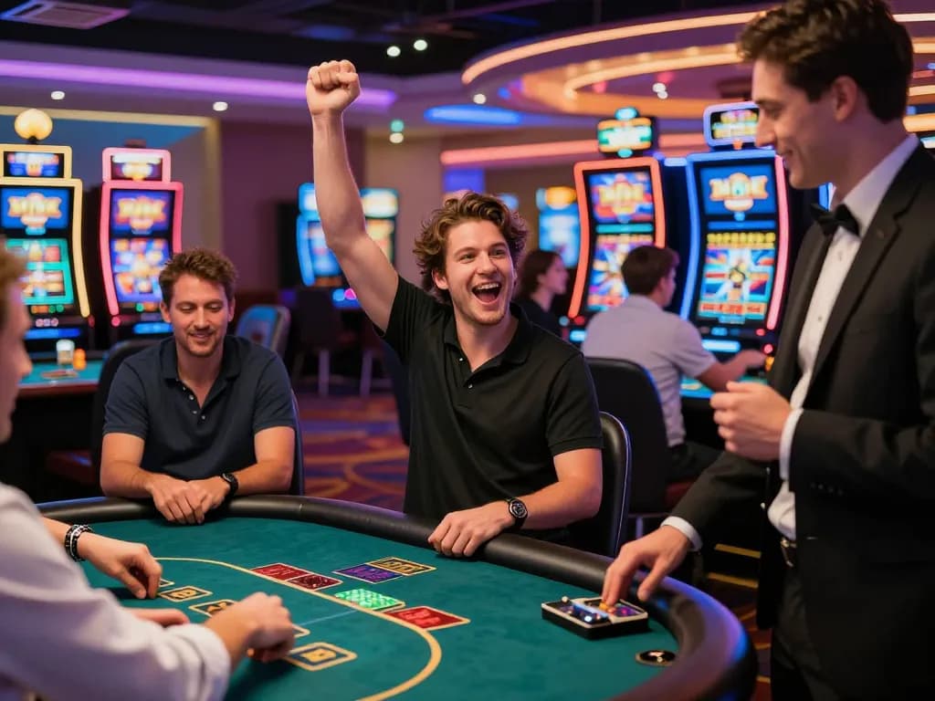 Excited player celebrating a win at B52 Club, showcasing vibrant casino atmosphere, tải game b52club mới nhất.