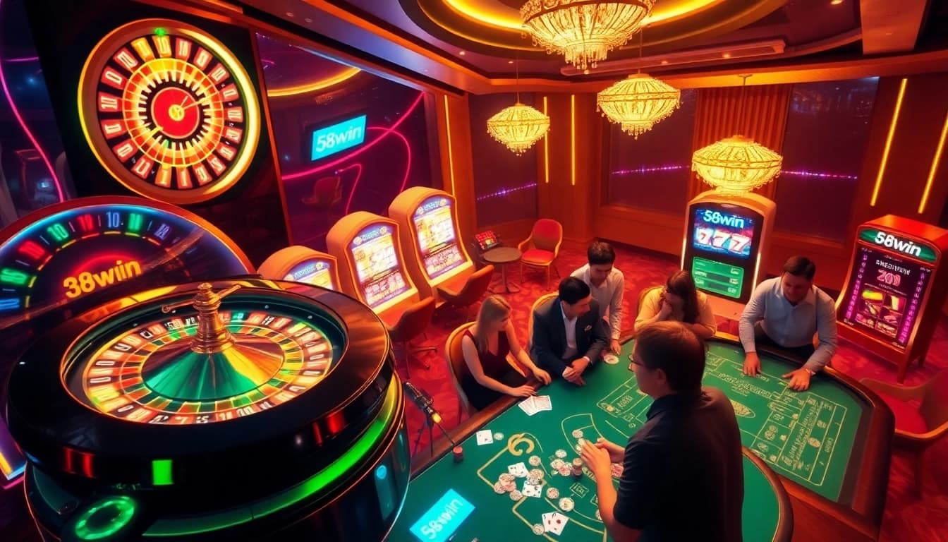 Engaged players enjoying the excitement of 58win online casino with vibrant slot machines and a roulette wheel.