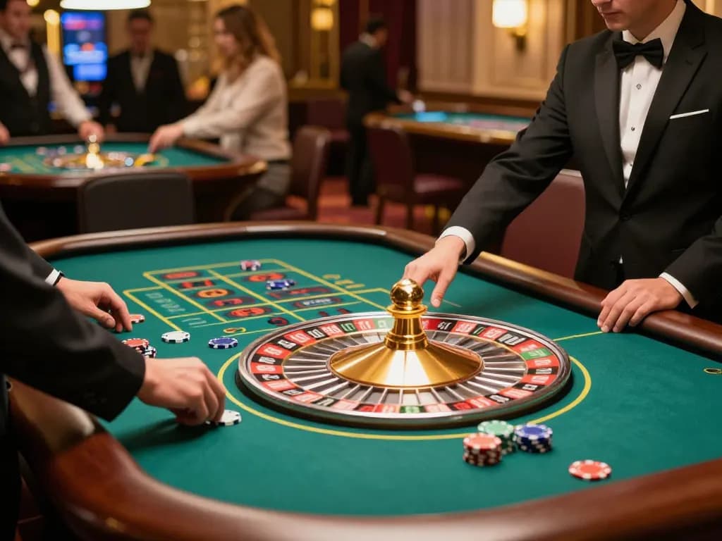 Players engage in thrilling roulette at sky88 casino, vibrant table, dynamic atmosphere.