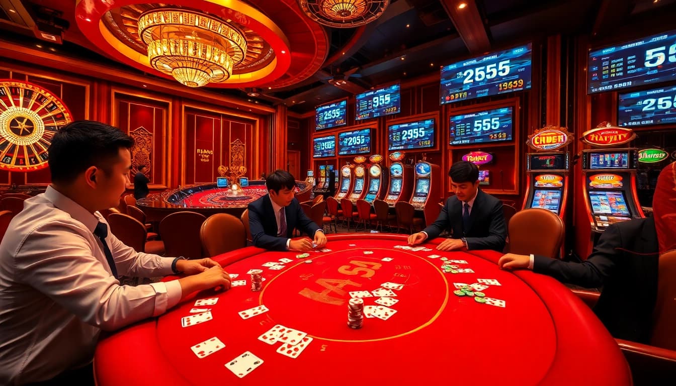 Players enjoying poker at KK55 casino, with vibrant chips and cards in a luxurious setting.