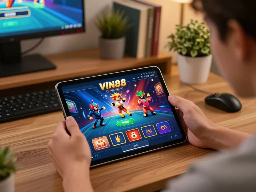 Engaging with the VIN88 casino app in a cozy home gaming setup.