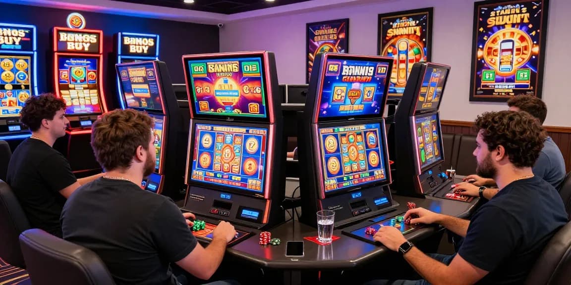 Explore Bonus Buy slots at https://celebratepanto.co.uk/ with players enjoying vibrant gaming experiences, engaging with colorful slot animations and bonus rounds in a lively casino atmosphere.