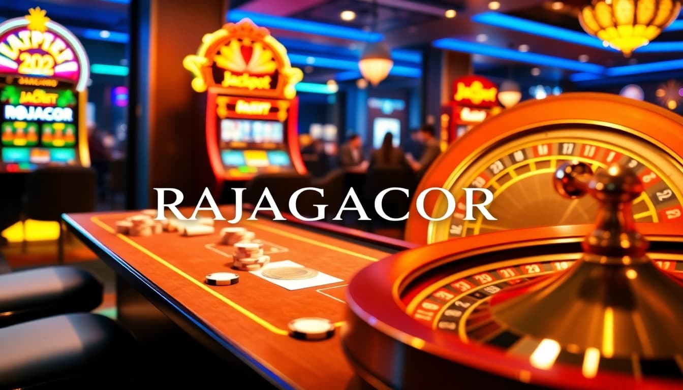 Experience the excitement of RAJAGACOR as players engage with vibrant casino tables and jackpot-winning slot machines.