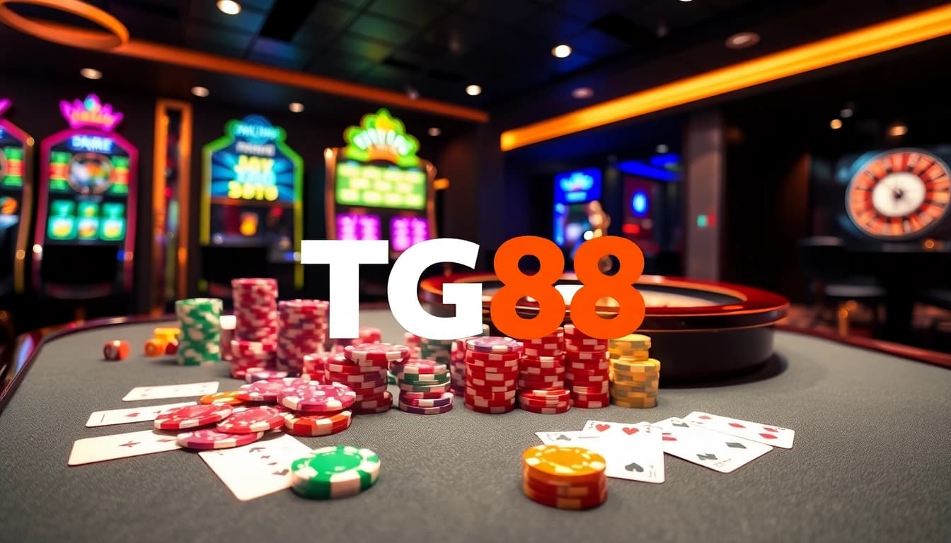 Engage with the thrilling tg88 link experience at an upscale casino table with vibrant chips and cards.