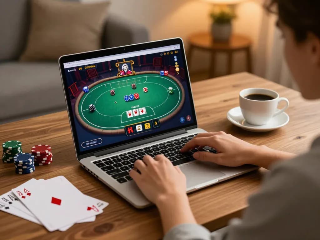 bem88 player engaging in an online poker game at home with strategy notes and a cozy environment