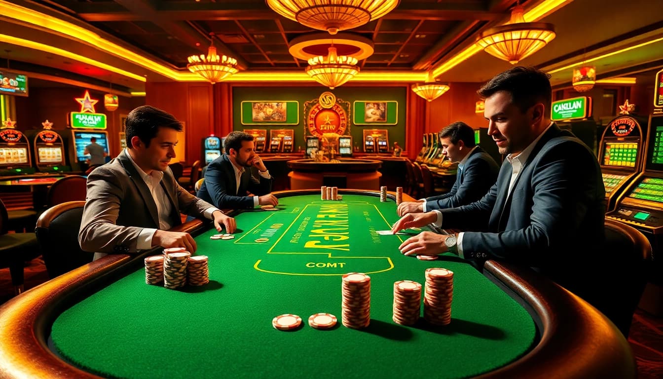 IDN Poker table in a vibrant casino with players engaging in an exciting game.