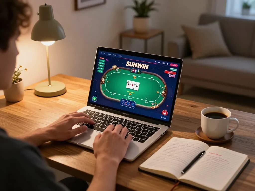 SUNWIN gameplay displayed on a laptop, featuring vibrant poker interface and cozy gaming setup