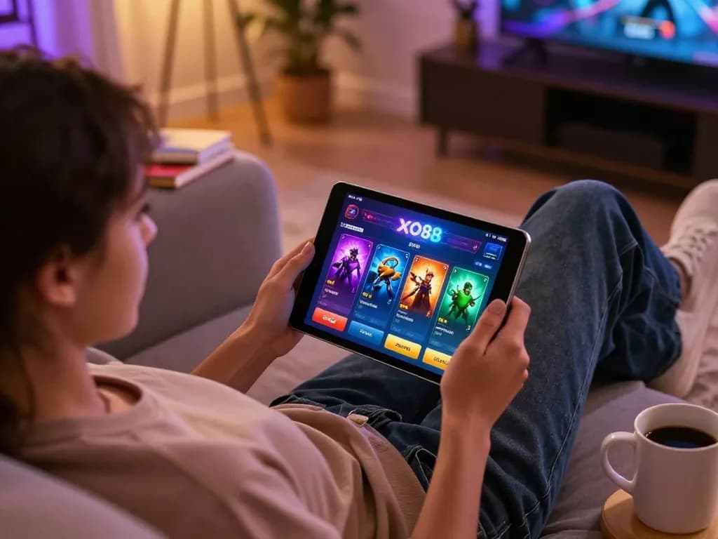 Player enjoying mobile gaming on xo88 tablet, relaxed atmosphere and modern setting