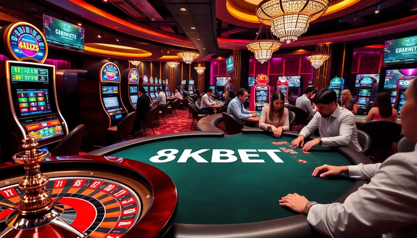 Experience the excitement of casino gaming with 8KBET at luxurious poker tables and vibrant slot machines.