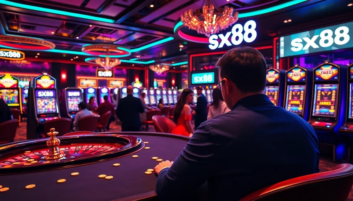 Experience thrilling gaming excitement at sx88 casino with vibrant slot machines and roulette tables.