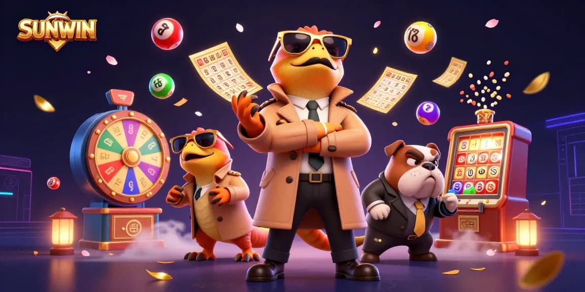 SUNWIN showcases an engaging 3D illustration with raptors, casino elements, and a bouncer for a vibrant gaming scene.