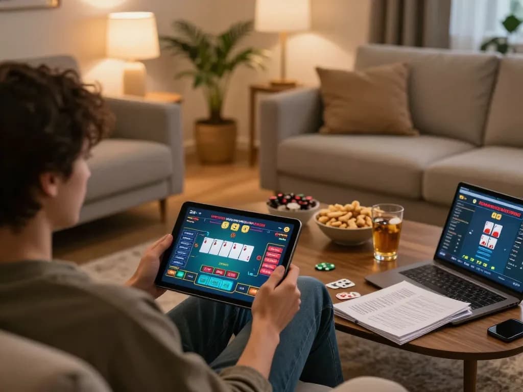 Engaging in poker strategy on go99 app with cozy home gaming atmosphere.