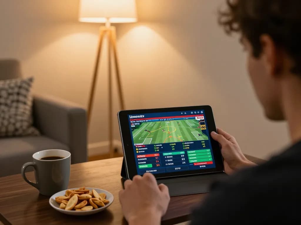 Person using mposport app for online sports betting in a cozy home environment, displaying live game odds.