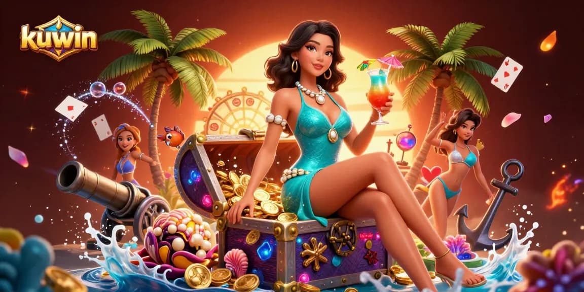 Kuwin gaming experience featuring an elegant Asian woman enjoying the beach casino atmosphere.
