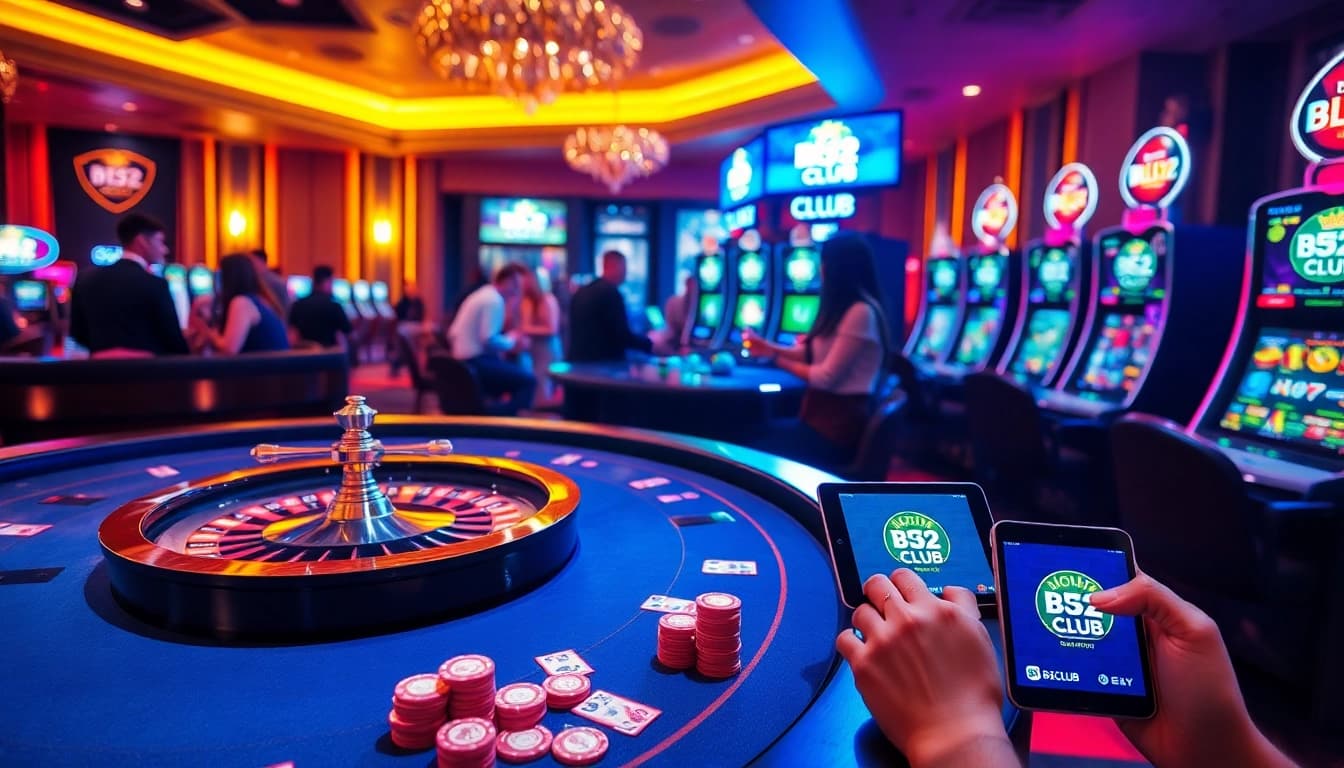 B52 CLUB players engaging at vibrant casino tables with poker chips and roulette wheels.