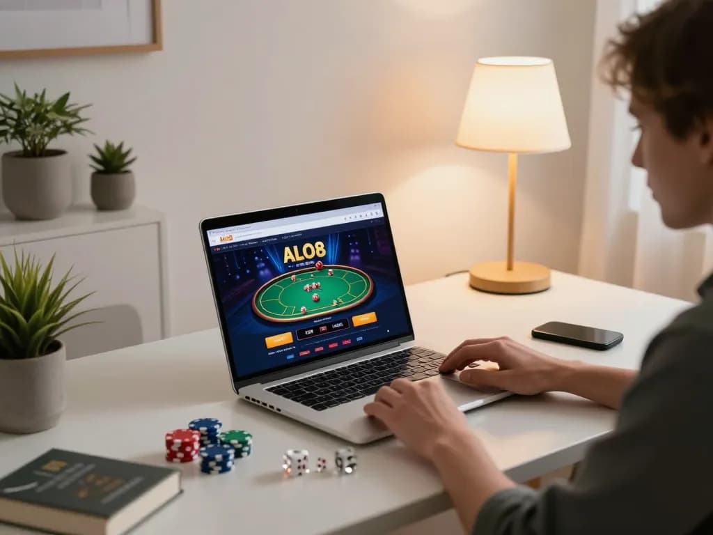 Playing poker on ALO8 from a cozy home setup, showcasing online casino experience.