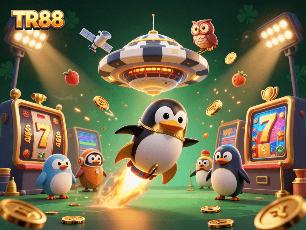 Experience thrilling TR88 casino action as a golden penguin launches towards jackpot adventures!