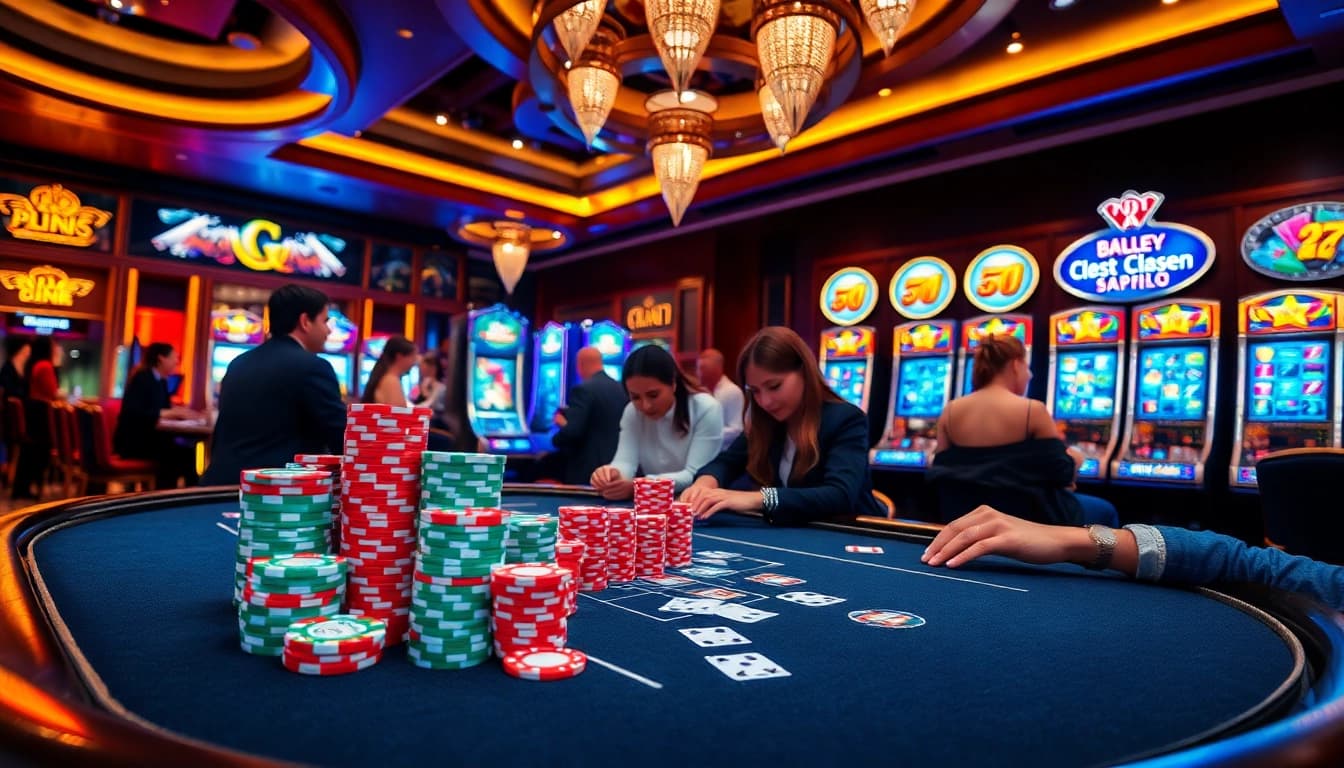 Experience the excitement of gamequeen at a luxurious casino with vibrant gaming tables and eager players.