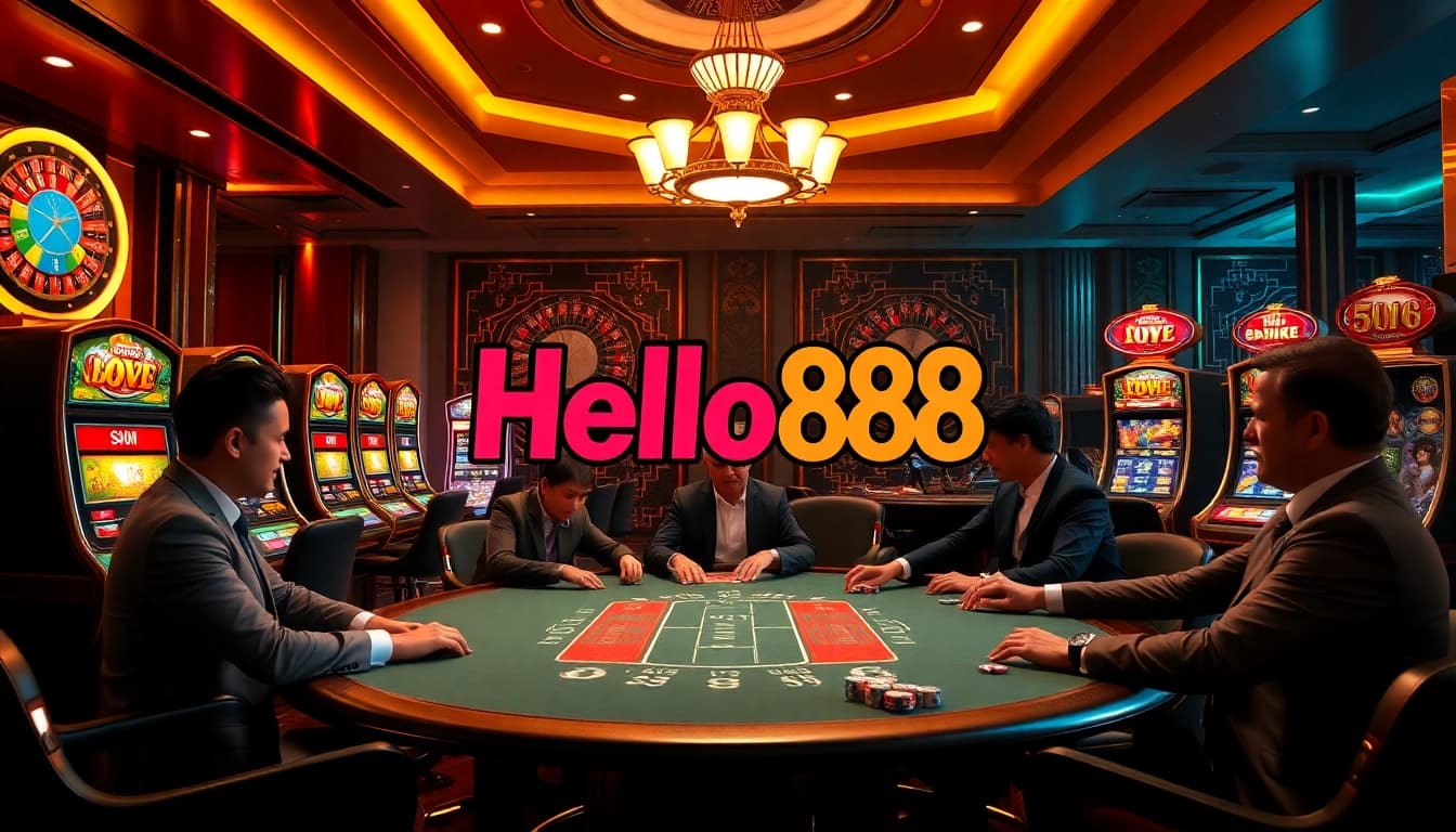 Exciting casino scene with players at Hello88 poker table, luxurious gambling atmosphere.