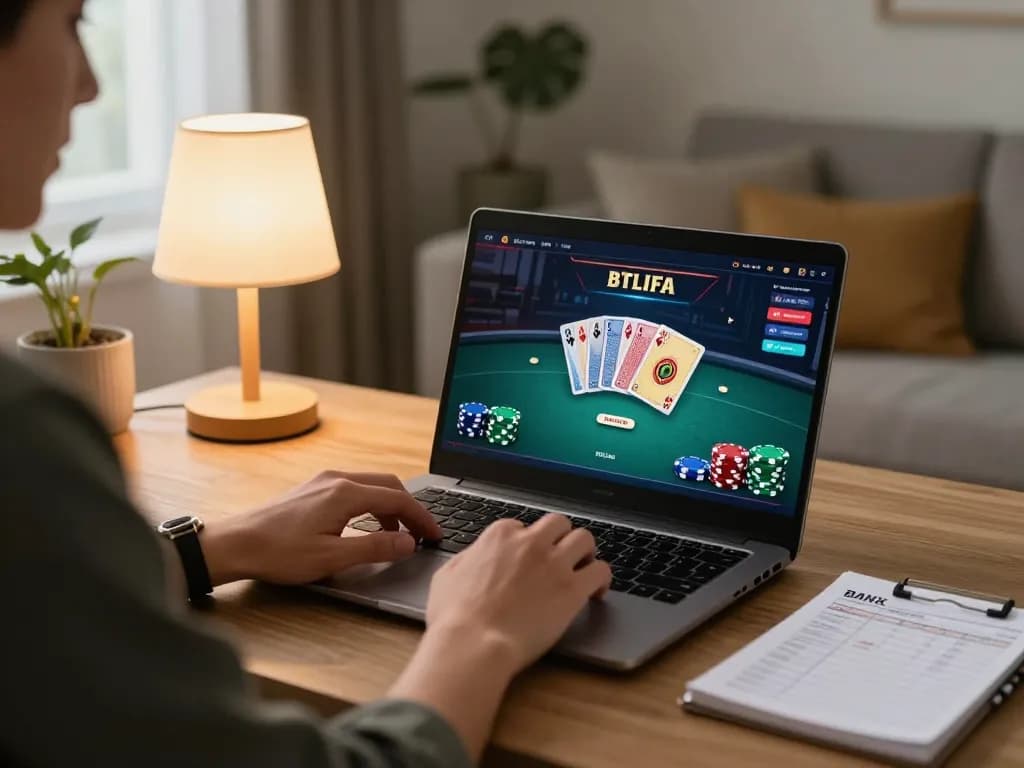 Person enjoying online poker at home with bong99, showcasing responsible gambling strategies.