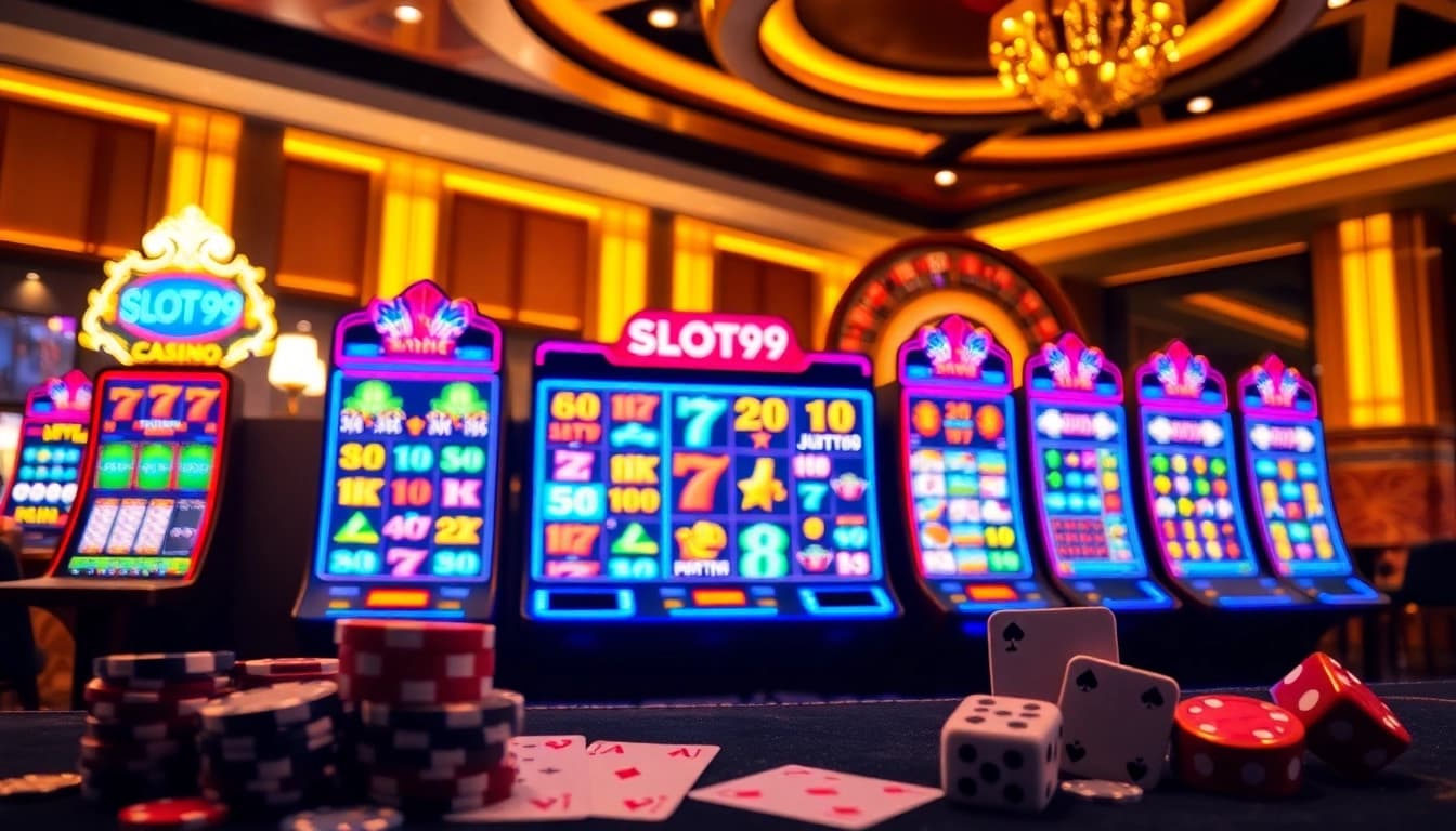 SLOT99 gaming interface displayed among vibrant slot machines and casino elements, creating an enticing gambling atmosphere.