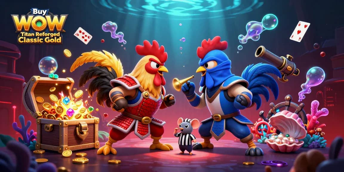 Buy WoW Titan Reforged Classic Gold effortlessly during a dramatic rooster showdown in this dynamic casino-themed illustration.