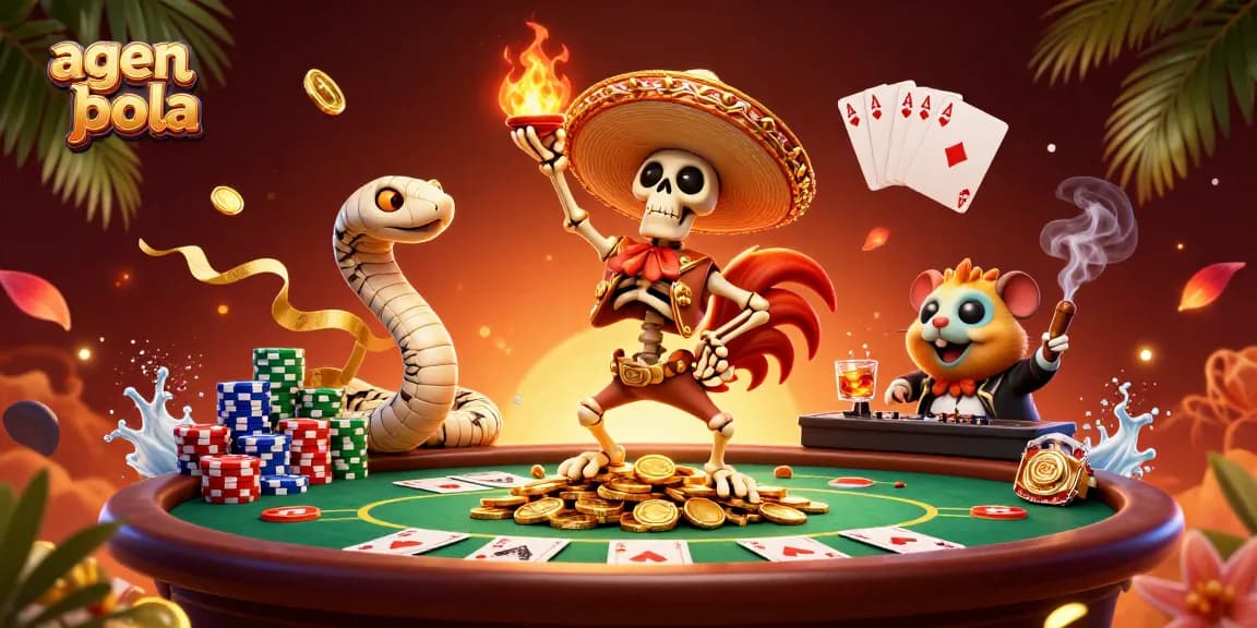 Experience the excitement of agen judi bola with a dynamic 3D illustration featuring vibrant gambling characters and elements.
