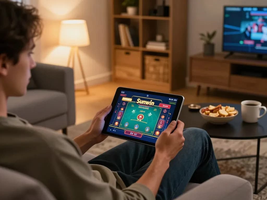 Engaging in live casino gameplay on Sunwin from a cozy living room setup, showcasing tablet interface and snacks.