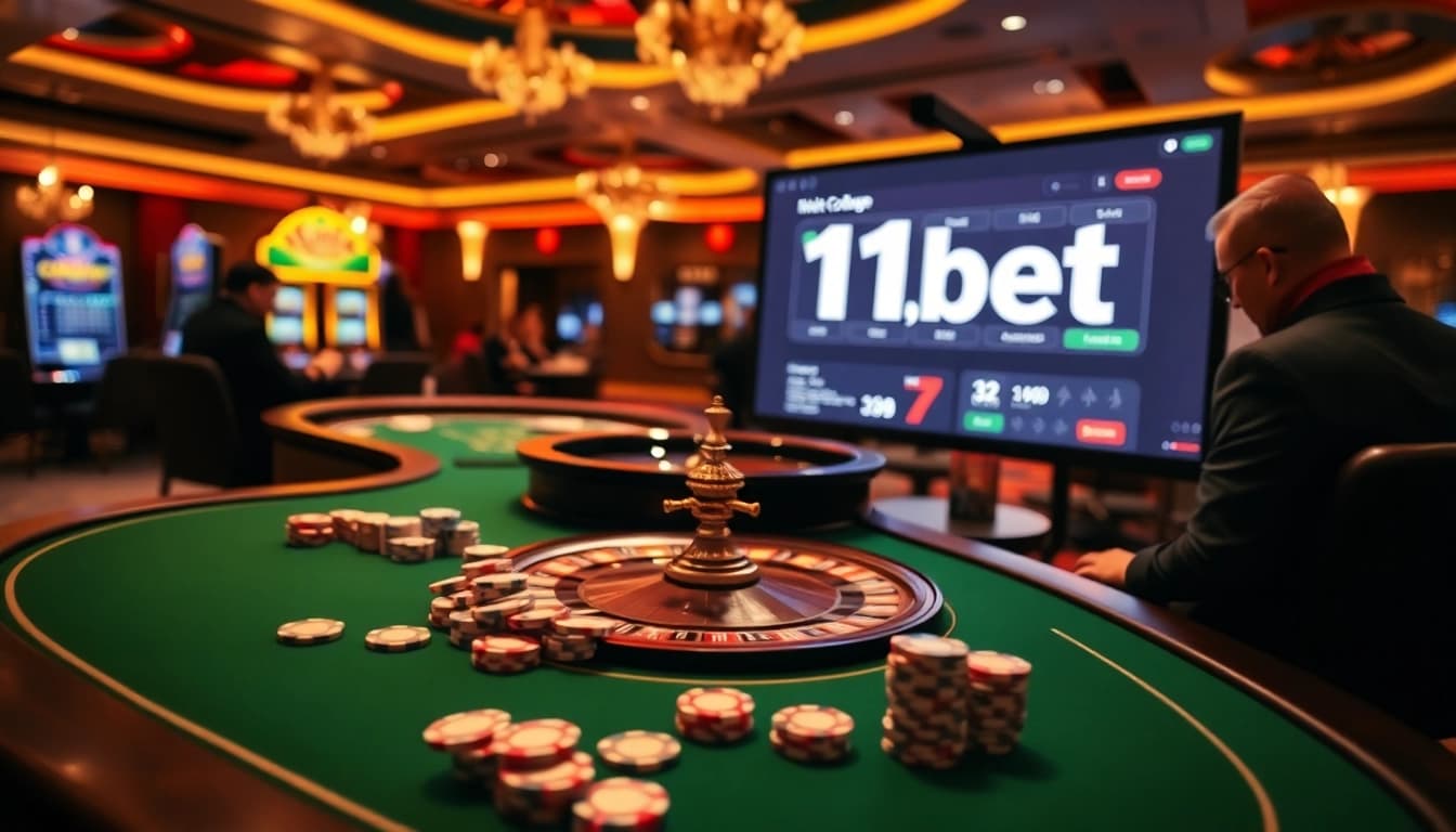 Experience the thrill of online gambling at 11bet.college with vibrant casino visuals featuring poker chips and roulette wheels.