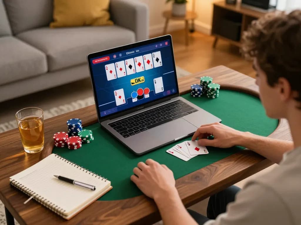 I9BET player engaging in a thrilling poker game on a laptop in a cozy home setting.