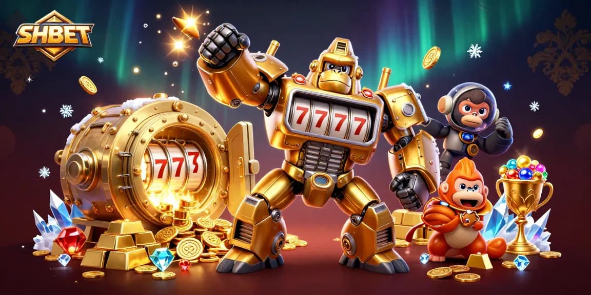 SHBET showcases an explosive gaming scene featuring a golden gorilla mech in a 3D casino