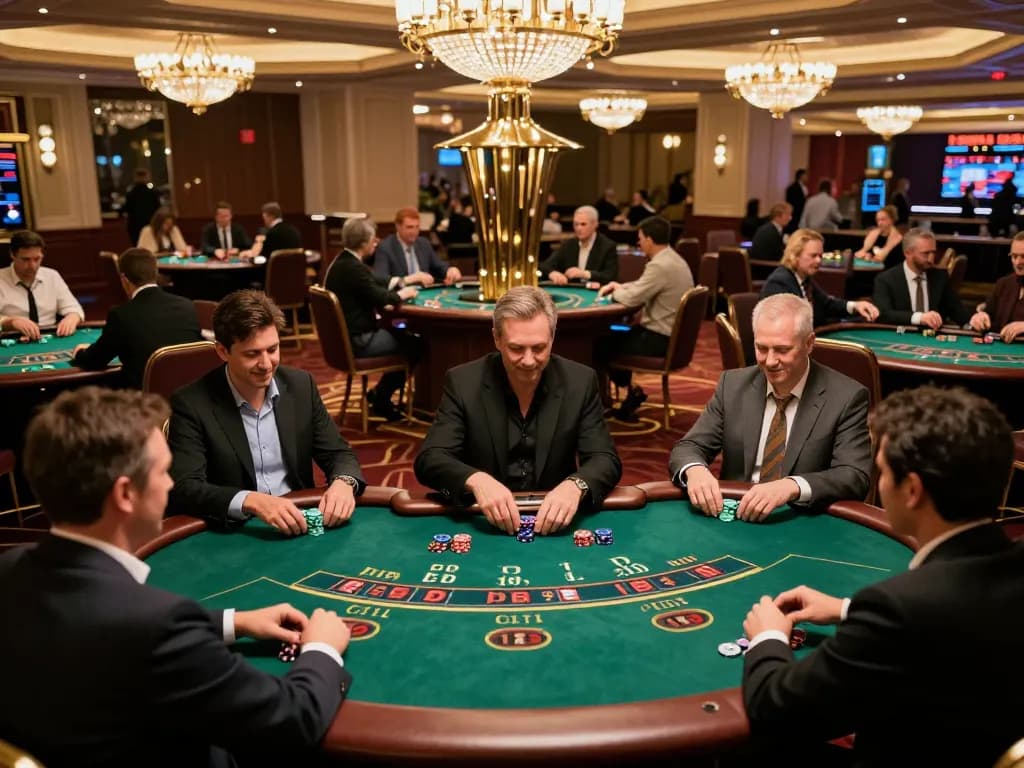 Players at luck 8 casino engaged in dynamic blackjack and roulette games, vibrant atmosphere illuminated with warm lights.
