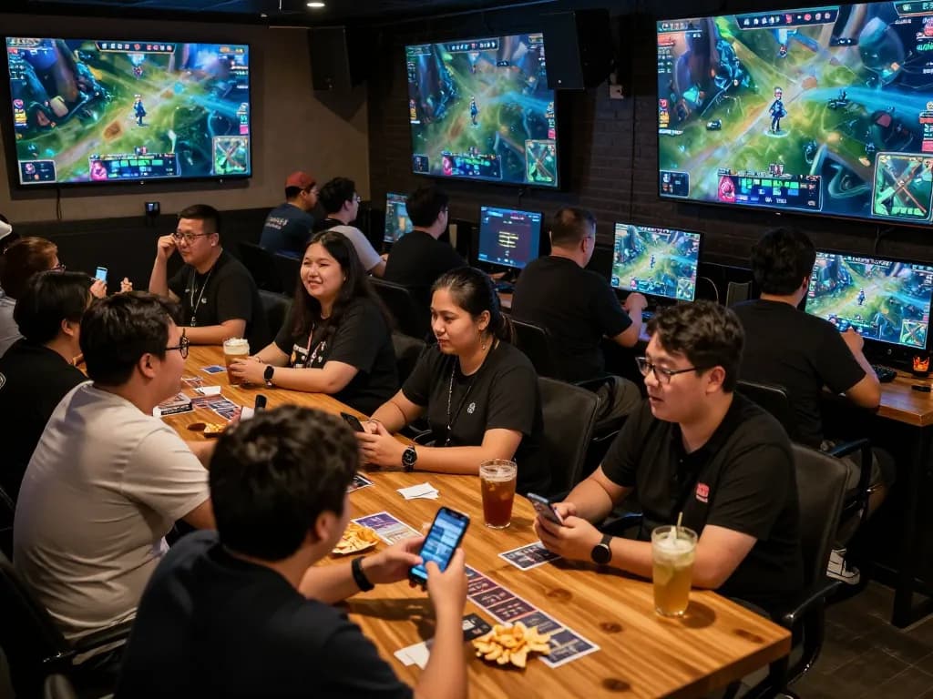 Experience esports betting Singapore in a bustling sports bar filled with enthusiastic gamers and mobile bets.