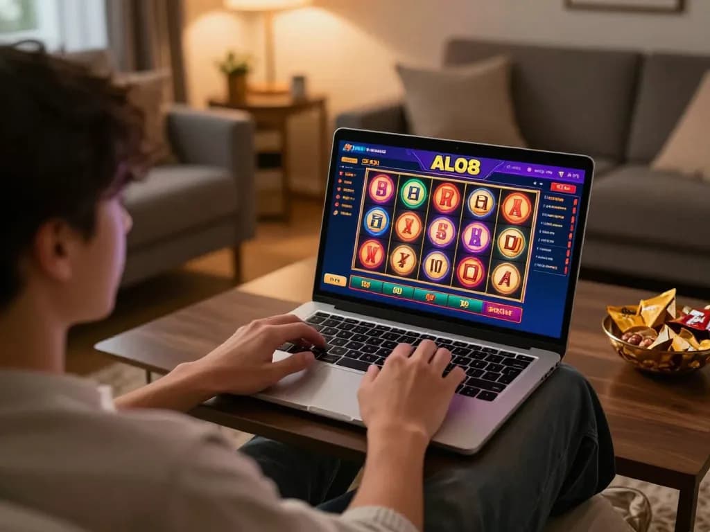 Player enjoying ALO8 online casino slot game from the comfort of home, creating an inviting gaming atmosphere.