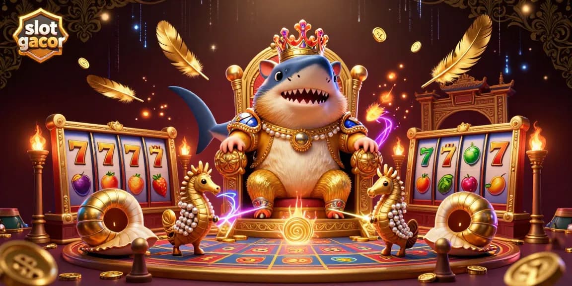 Engage with slot gacor in a vibrant 3D scene featuring a golden hamster king and seahorse guards.