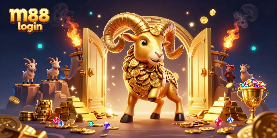 Join the action at m88 login with vibrant visuals of a golden ram charging through a casino setting.