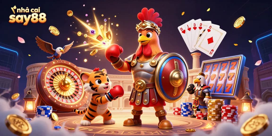 Bet on excitement with nhà cái say88 featuring a gladiator rooster and dazzling casino elements.