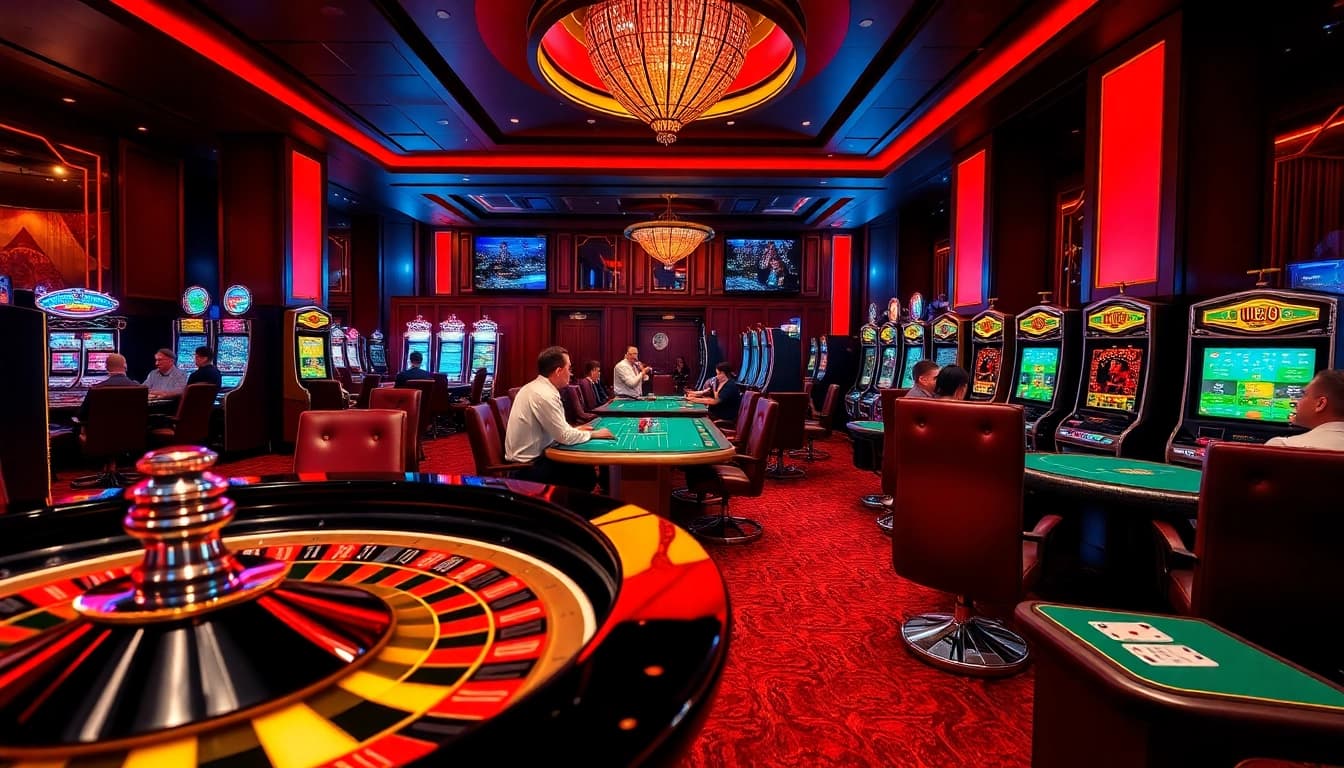 Experience the excitement of U888's luxurious gaming atmosphere with vibrant tables, poker chips, and neon lights.