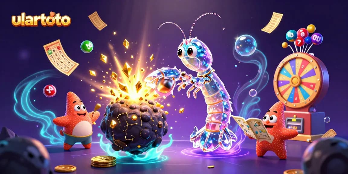Menggali ulartoto dengan bola lotere berwarna-warni dan karakter menarik dalam ilustrasi 3D.