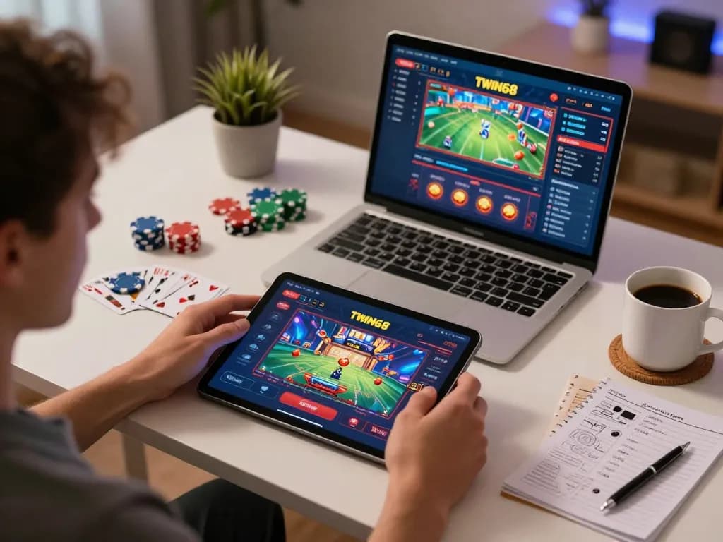 TWIN68 player engaging in online gaming with chips and strategy notes at home.