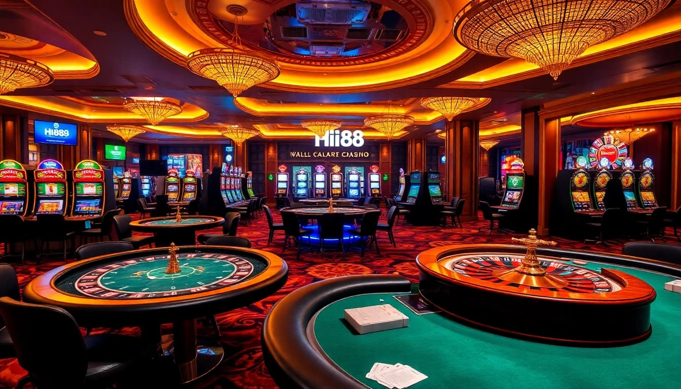 Experience thrilling gameplay at Hi88 Casino with vibrant slot machines and poker tables.