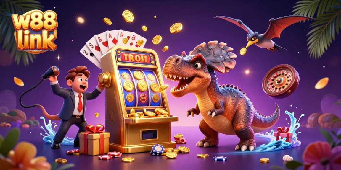 Experience w88 link magic as a pachycephalosaurus won jackpot coins amidst casino chaos