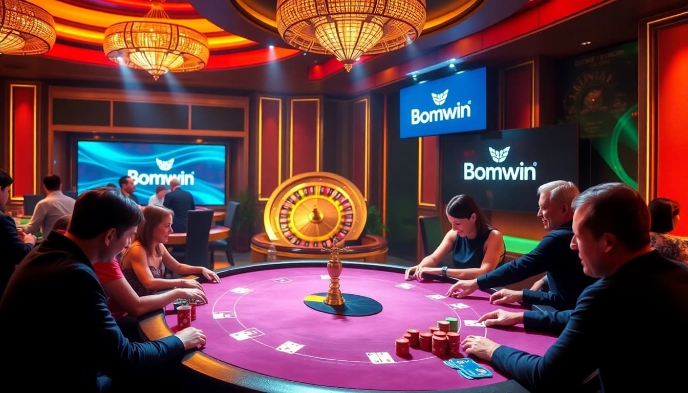Engage in a thrilling Bomwin poker game at a luxurious casino table with vibrant chips and cards.