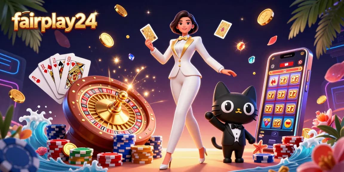 Experience thrilling action with fairplay24, a glamorous woman and a cat at an animated casino.