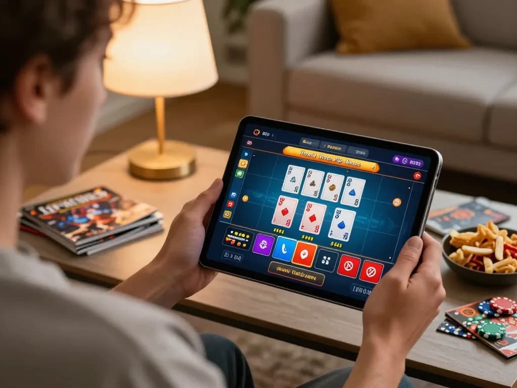 Engaging scene of a user at 88VIN playing live casino games on a tablet in a stylish living room.