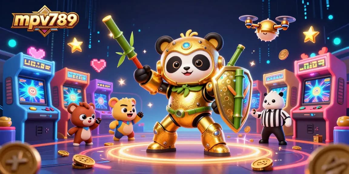 Engage with mpv789's vibrant casino action featuring a golden panda mech suit in a dynamic gaming arena.