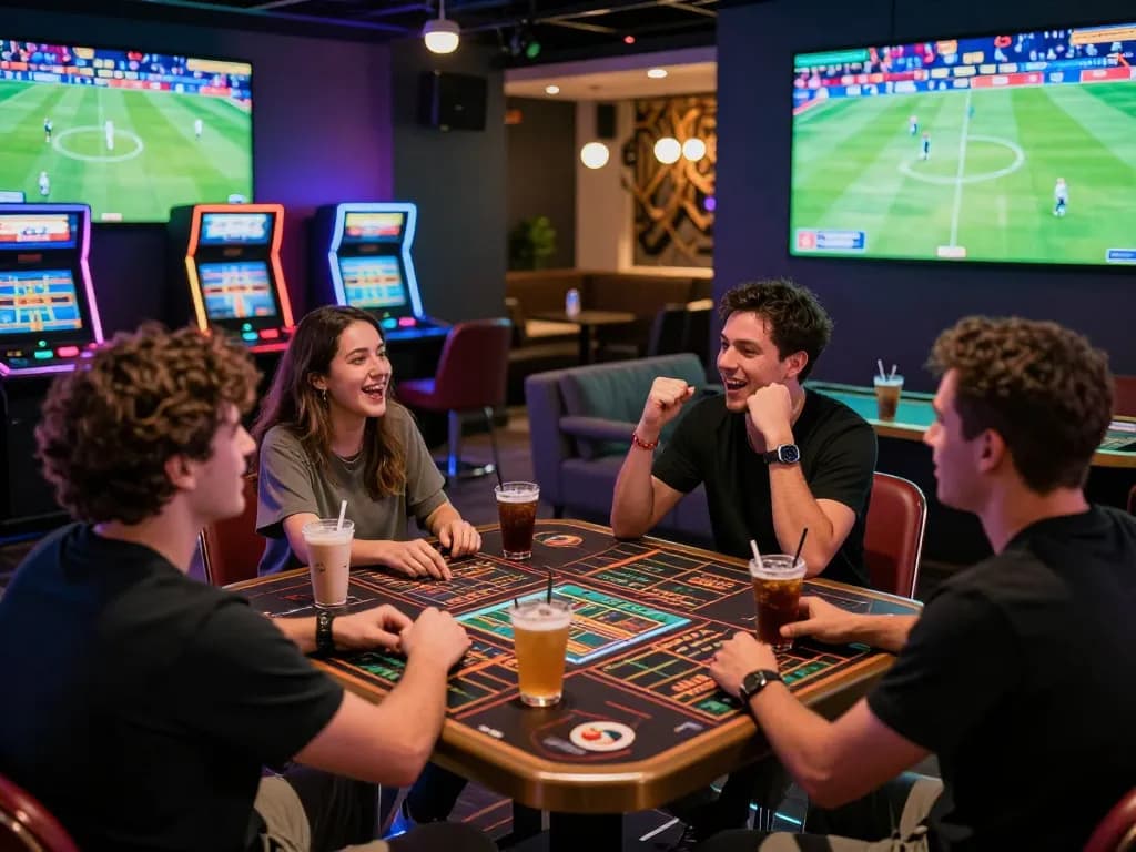 Excited friends enjoying the thrill of online betting at trang chủ cwin in a luxurious gaming lounge atmosphere.