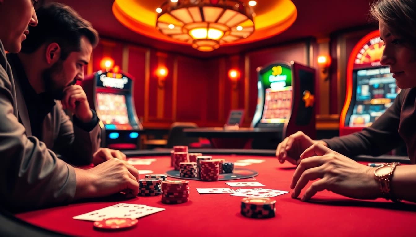 Cena de cassino BL555 com jogadores em poker de alto risco cercados por elementos vibrantes do cassino.
