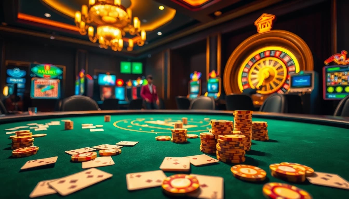 8DAY casino excitement with luxurious poker table and vibrant roulette wheel.